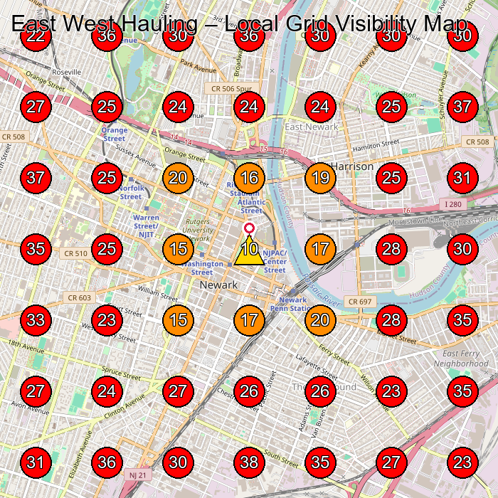East West Hauling GeoGrid visibility map for Trucking Company in Kearny